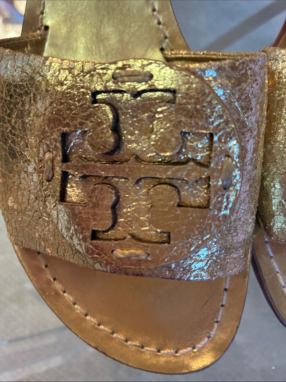 Tory Burch Metallic Gold Logo Slide Mules - Picture 2 of 4